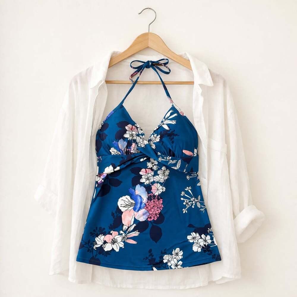 Hapari Halter Tankini Top Medium Blue Floral Hibiscus Garden Swim Top